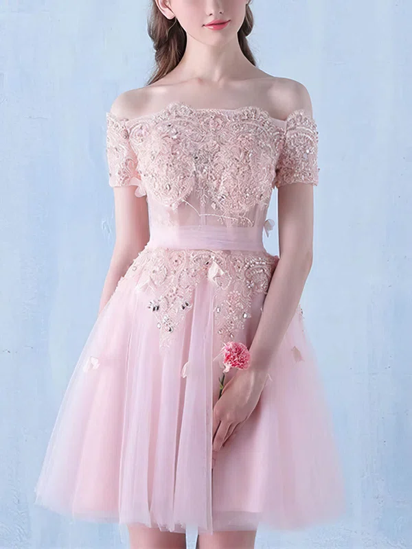 A-line Off-the-shoulder Tulle Knee-length Homecoming Dresses With Appliques Lace #Milly020111119