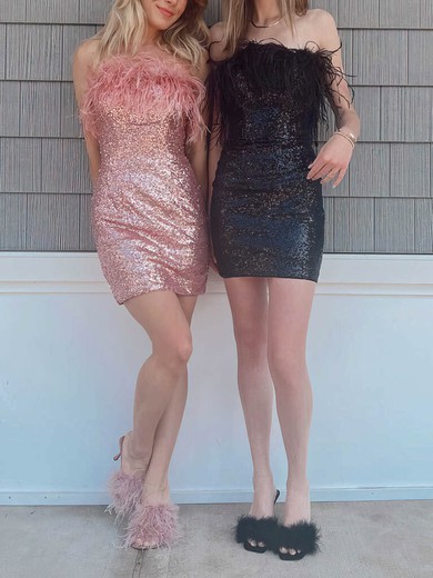 Sheath/Column Straight Sequined Short/Mini Homecoming Dresses With Feathers / Fur #Milly020111193