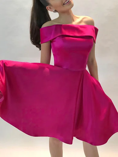 A-line Off-the-shoulder Silk-like Satin Knee-length Homecoming Dresses With Pockets #Milly020111238