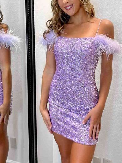 Sheath/Column Square Neckline Sequined Short/Mini Homecoming Dresses With Feathers / Fur #Milly020111405