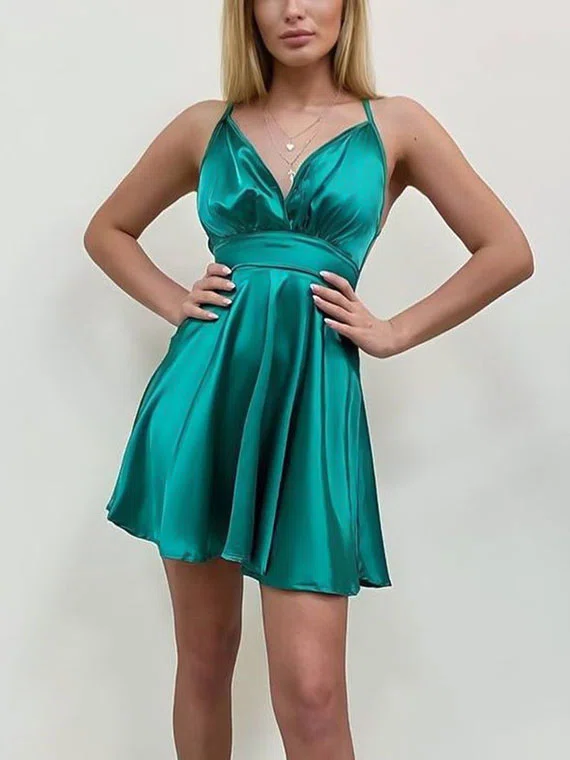 A-line V-neck Silk-like Satin Short/Mini Homecoming Dresses #Milly020111421