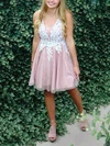 A-line V-neck Tulle Short/Mini Homecoming Dresses With Appliques Lace #Milly020111425