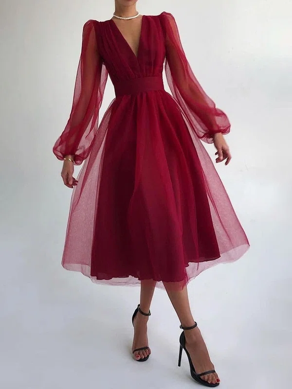 Burgundy Long Sleeve Tulle Midi Dress #Milly020111451