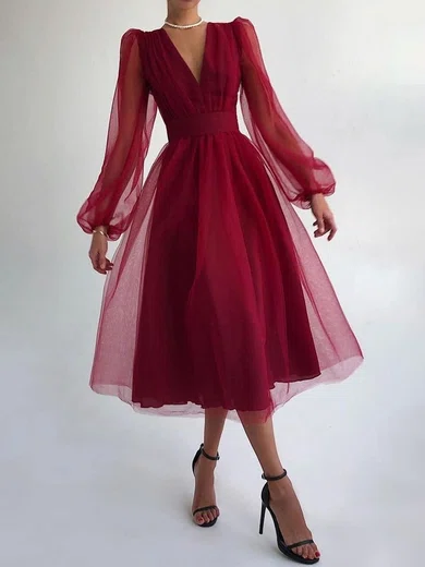 Burgundy Long Sleeve Tulle Midi Dress