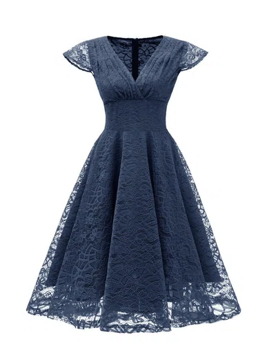 A-line V-neck Lace Tea-length Homecoming Dresses With Ruffles #Milly020111278