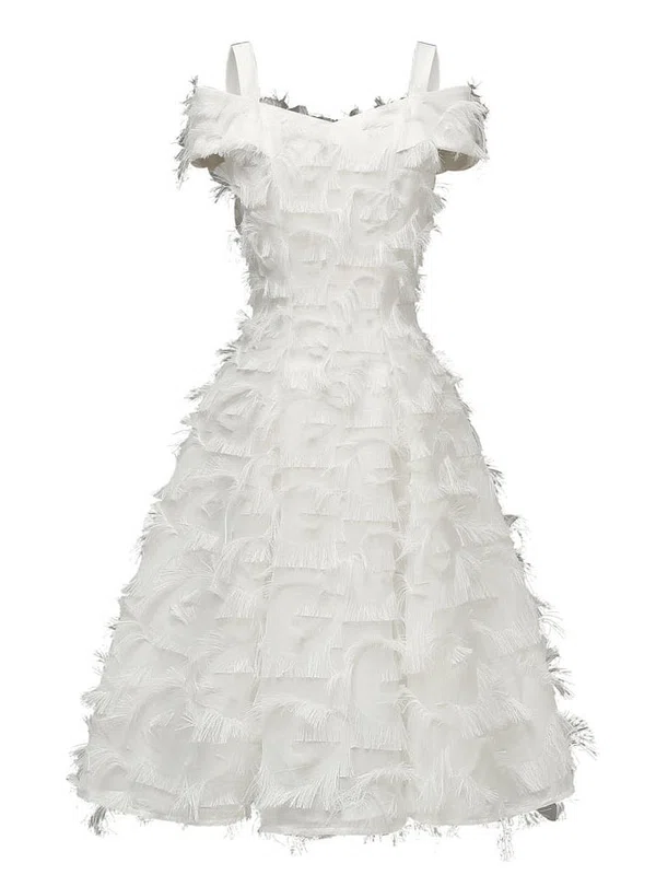 A-line V-neck Tulle Tea-length Homecoming Dresses With Feathers / Fur #Milly020111279