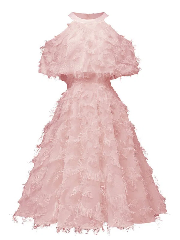 A-line Scoop Neck Tulle Tea-length Homecoming Dresses With Feathers / Fur #Milly020111280
