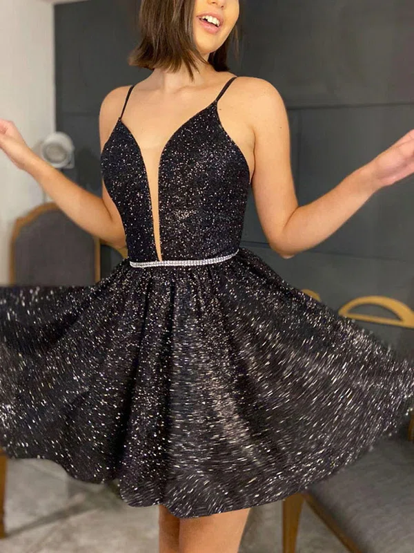Black Deep V Neck Glitter Mini Dress #Milly020111335