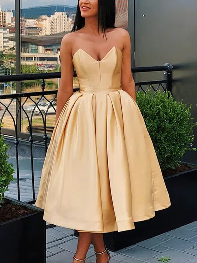 V-neck Satin Tea-length Skater Homecoming Dresses #Milly020111359