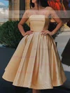 A-line V-neck Satin Tea-length Homecoming Dresses With Pockets #Milly020111359