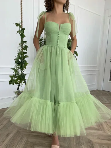 Green Ruched Tulle Ruffle Hem Tea-length Homecoming Dresses #Milly020111473