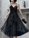 A-line V-neck Glitter Tea-length Homecoming Dresses With Cascading Ruffles #Milly020111475