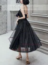A-line V-neck Glitter Tea-length Homecoming Dresses With Cascading Ruffles #Milly020111475