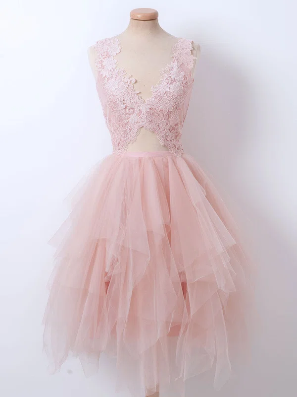 A-line V-neck Lace Tulle Knee-length Homecoming Dresses With Appliques Lace #Milly020111487