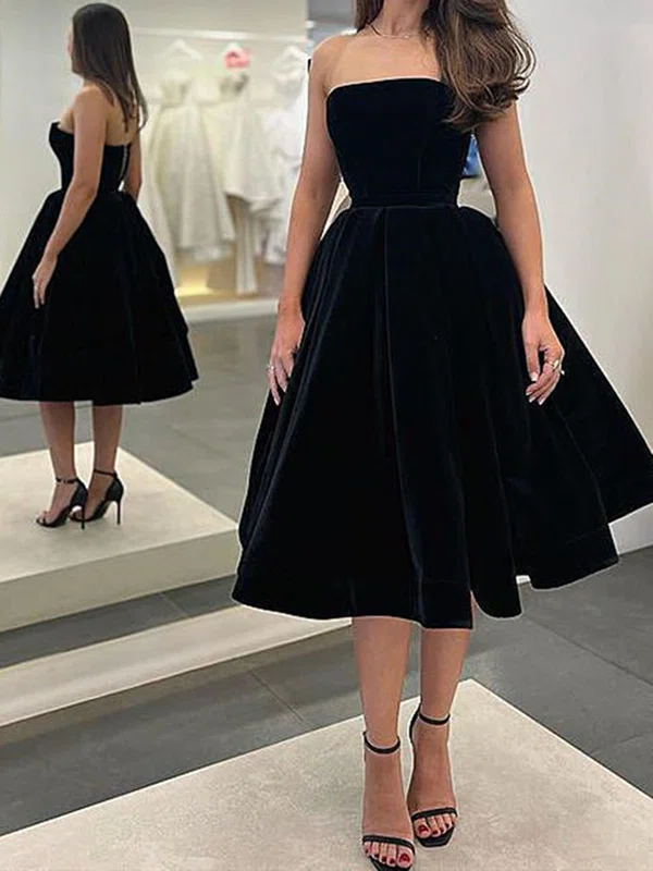 A-line Strapless Velvet Tea-length Homecoming Dresses #Milly020111491