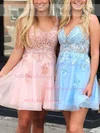 A-line V-neck Organza Short/Mini Homecoming Dresses With Appliques Lace #Milly020111502