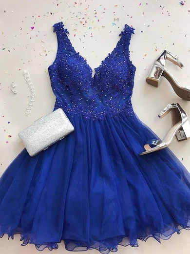 A-line V-neck Tulle Short/Mini Homecoming Dresses With Beading #Milly020111504