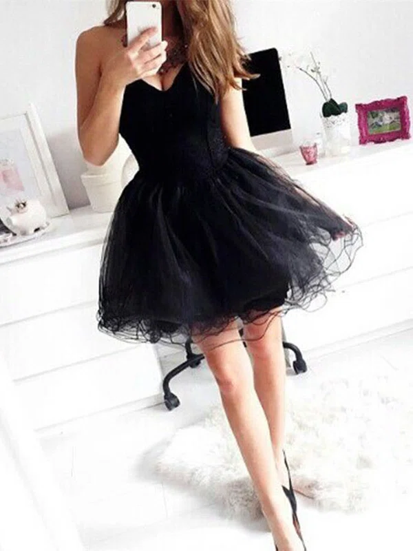 A-line V-neck Tulle Short/Mini Homecoming Dresses #Milly020111507