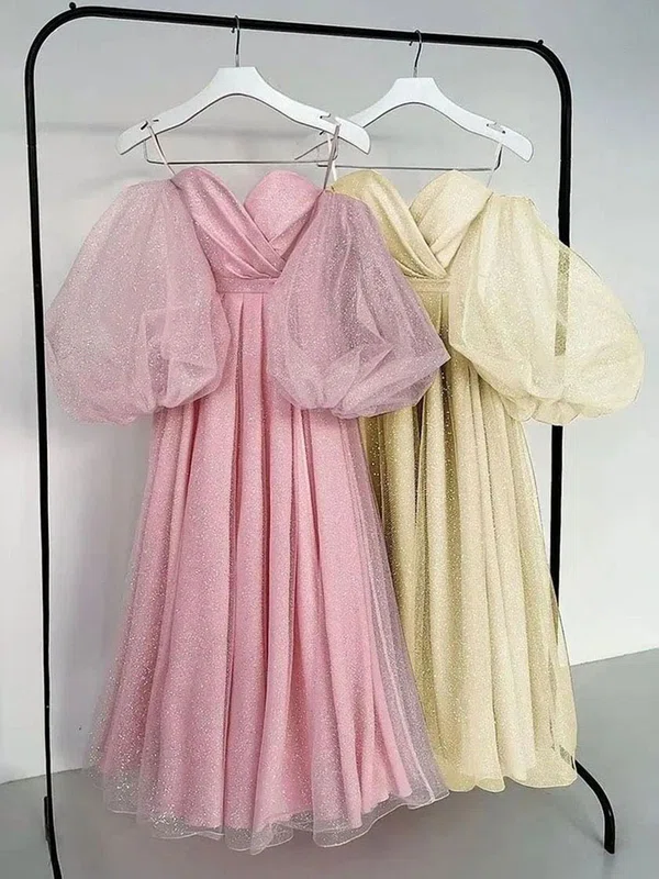 A-line Off-the-shoulder Glitter Tea-length Homecoming Dresses #Milly020111545