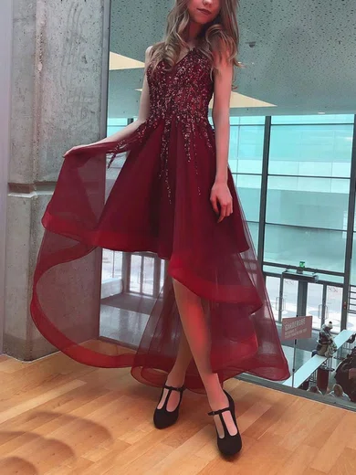 A-line V-neck Tulle Asymmetrical Homecoming Dresses With Beading #Milly020111562
