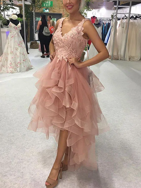 Ball Gown V-neck Tulle Asymmetrical Homecoming Dresses With Cascading Ruffles #Milly020111572