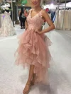 Ball Gown V-neck Tulle Asymmetrical Homecoming Dresses With Cascading Ruffles #Milly020111572