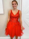 A-line V-neck Tulle Short/Mini Homecoming Dresses With Appliques Lace #Milly020111594