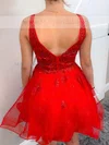 A-line V-neck Lace Tulle Short/Mini Homecoming Dresses With Appliques Lace #Milly020111594