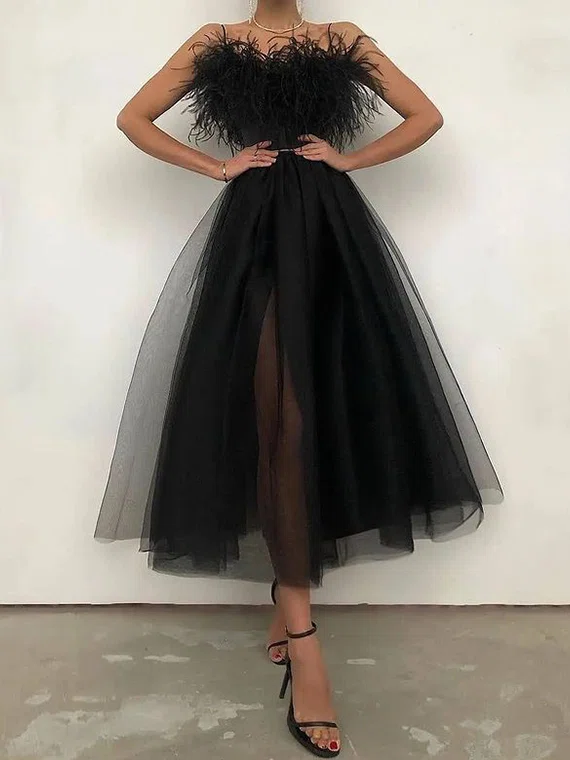 Black Fuzzy Trim Tulle Midi Dress #Milly020111627
