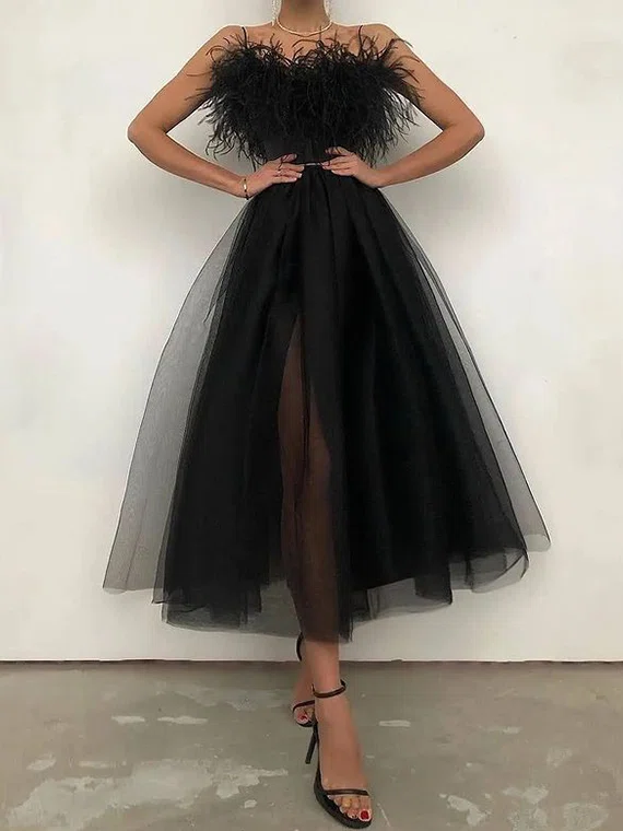 Ball Gown Strapless Tulle Feather Long Homecoming Dresses #Milly020111627