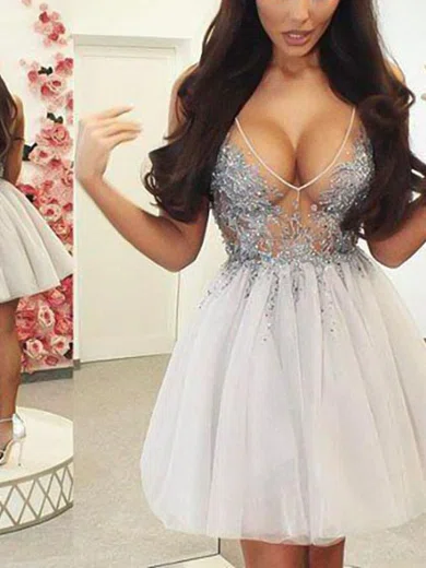 A-line V-neck Tulle Short/Mini Homecoming Dresses With Appliques Lace #Milly020111641
