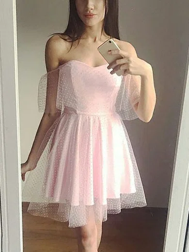 A-line Off-the-shoulder Tulle Knee-length Homecoming Dresses #Milly020111644