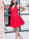 A-line V-neck Tulle Short/Mini Homecoming Dresses With Beading #Milly020111696