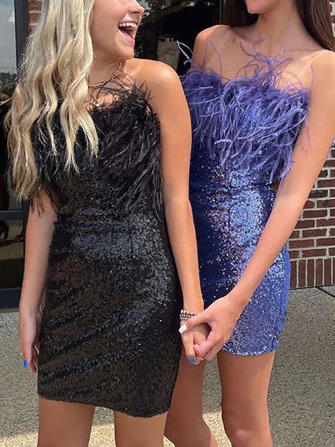 Sheath/Column Strapless Sequined Short/Mini Homecoming Dresses With Feathers / Fur #Milly020111720