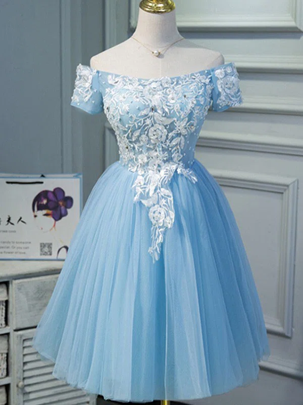 Ball Gown Off-the-shoulder Tulle Knee-length Homecoming Dresses With Appliques Lace #Milly020111723