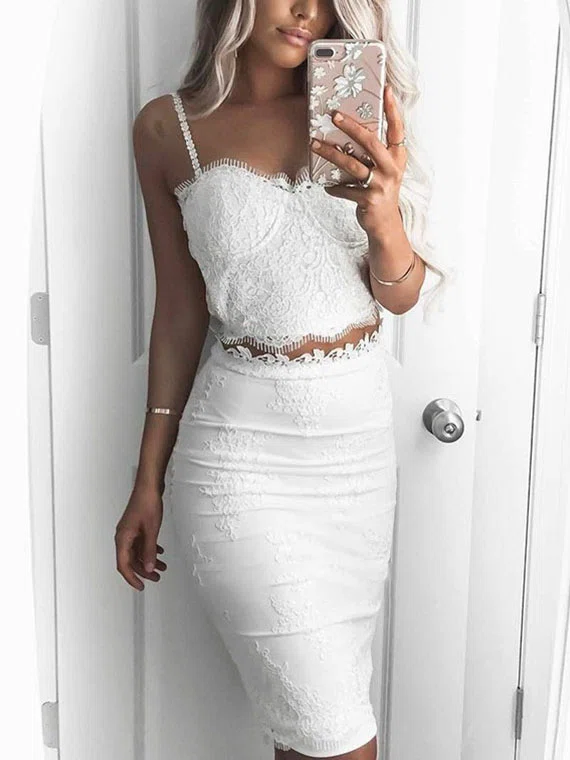 White Two Pieces Lace Bodycon Midi Dress #Milly020111752