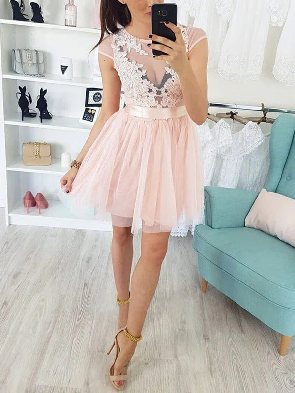 A-line Illusion Tulle Short/Mini Homecoming Dresses With Appliques Lace #Milly020111754