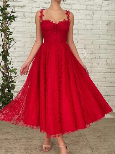 Red Lace Tea-length Homecoming Dresses #Milly020111768