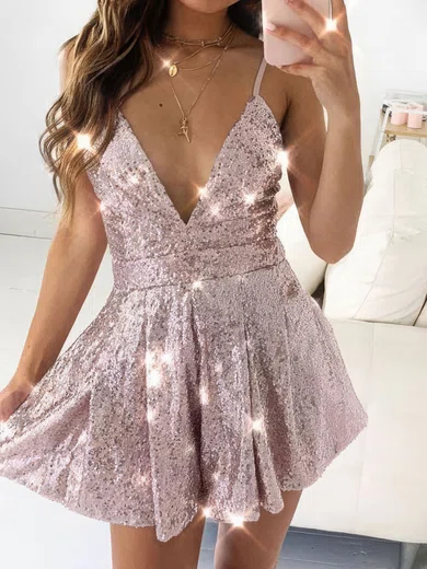 Sparkly A-line Sequin V-neck Ruched Mini Dress PT020111779