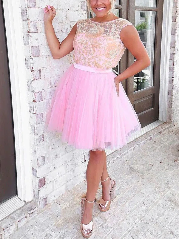 A-line Scoop Neck Tulle Short/Mini Homecoming Dresses With Lace #Milly020111797