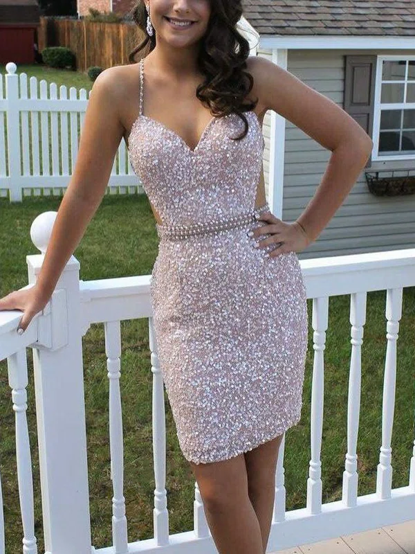 Sheath/Column V-neck Sequined Short/Mini Homecoming Dresses With Beading #Milly020111804