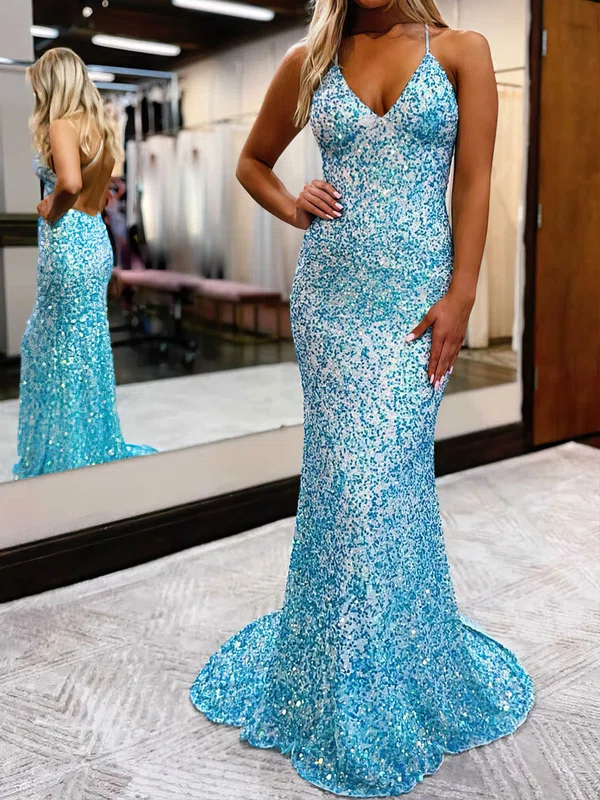 Sheath/Column Sweep Train V-neck Sequined Prom Dresses #Milly020111813