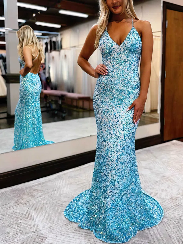 Trumpet/Mermaid V-neck Sequined Sweep Train Prom Dresses #Milly020111813