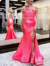 Sheath/Column One Shoulder Sequined Sweep Train Beading Prom Dresses #Milly020111815