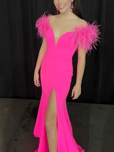 Mermaid Jersey Off-the-shoulder Prom Dresses With Feather #Milly020111821