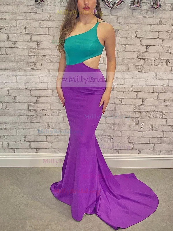 Trumpet/Mermaid One Shoulder Jersey Sweep Train Prom Dresses #Milly020111825