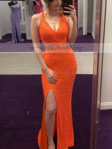 Sheath/Column V-neck Sequined Sweep Train Split Front Prom Dresses #Milly020111831