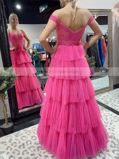 Ball Gown Off-the-shoulder Tulle Floor-length Tiered Prom Dresses #Milly020111833