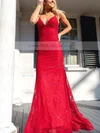Trumpet/Mermaid V-neck Lace Sweep Train Prom Dresses With Beading #Milly020111834