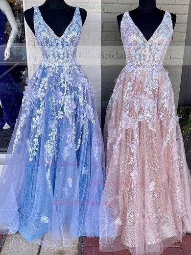 Ball Gown V-neck Tulle Glitter Sweep Train Appliques Lace Prom Dresses #Milly020111841